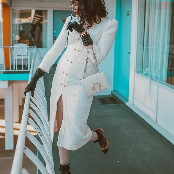 Zara White Midi Tweed Long Sleeve Dress 